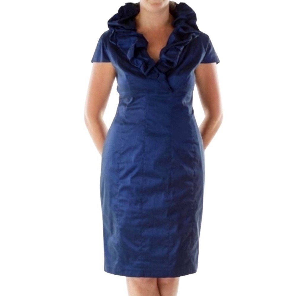 Adrianna Papell Woman Blue Ruffle Neck Short Sleeve Sheath Dress